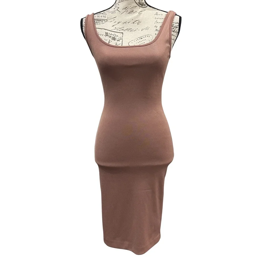 Express Bodycon Dress‎ Womens XXS Mauve Pink Ribbed Knit Scoop Neck Midi Chic